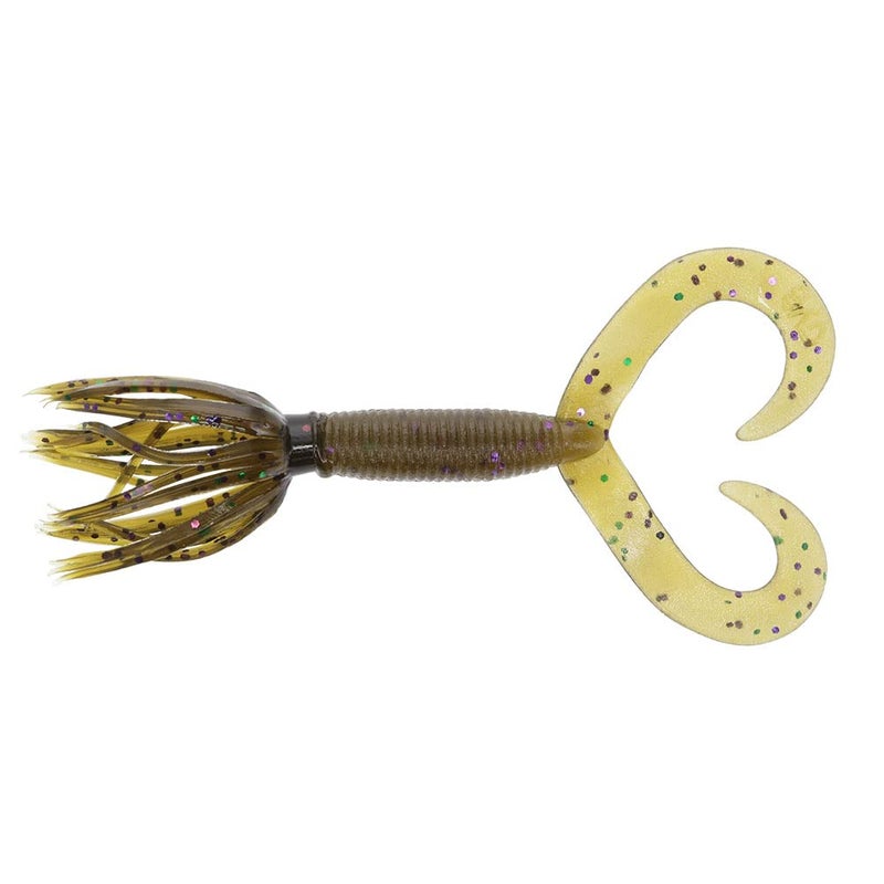 Yamamoto 4" Double Tail Hula Grub - Realistic Easy-to-Use Soft Plastic Fishing Lure Bait with Free-Flowing Skirt - 10 Pack, Green Pumpkin with Large Green and Large Purple Flake